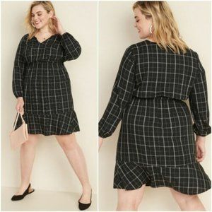 Old Navy Black Plaid Waist-Defined Tie-Neck Plus-Size Dress